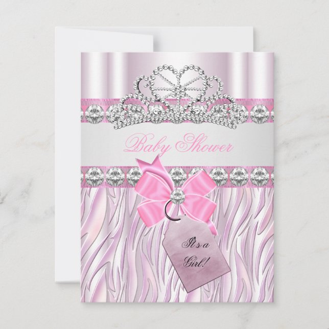 Convites Chá de Bebê Menina Zebra Rosa Coroa de Princesa Ti (Frente)
