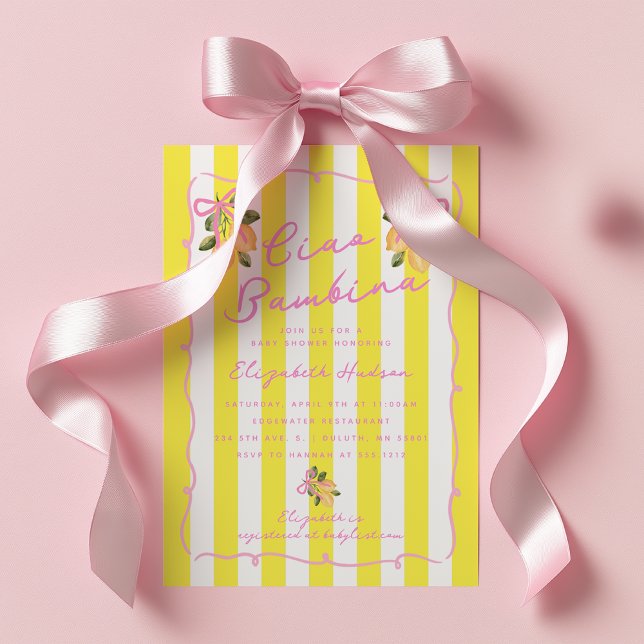 Convites Chá de Bebê Menino Amarelo Listra Amarela Ciao Bam (Ciao Bambina baby shower invite Lemon garden baby shower invite)
