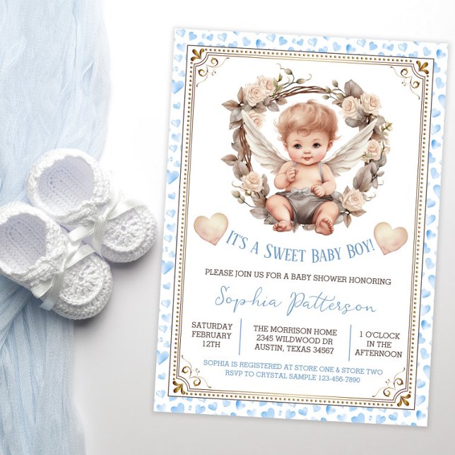Convites Chá de Bebê Menino Anjo Valentão (Sweet baby boy baby shower invitation with cute little cherub on a blue watercolor heart background.)