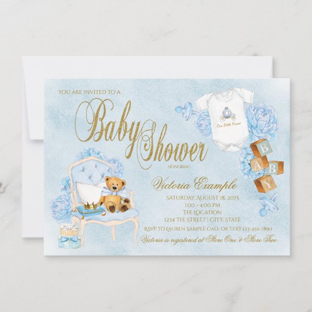 Convites Chá de Bebê Menino Aquarela Azul Bebê Dourado (Frente)