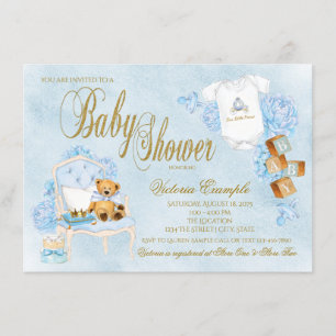 Convites Chá de Bebê Menino Aquarela Azul Bebê Dourado