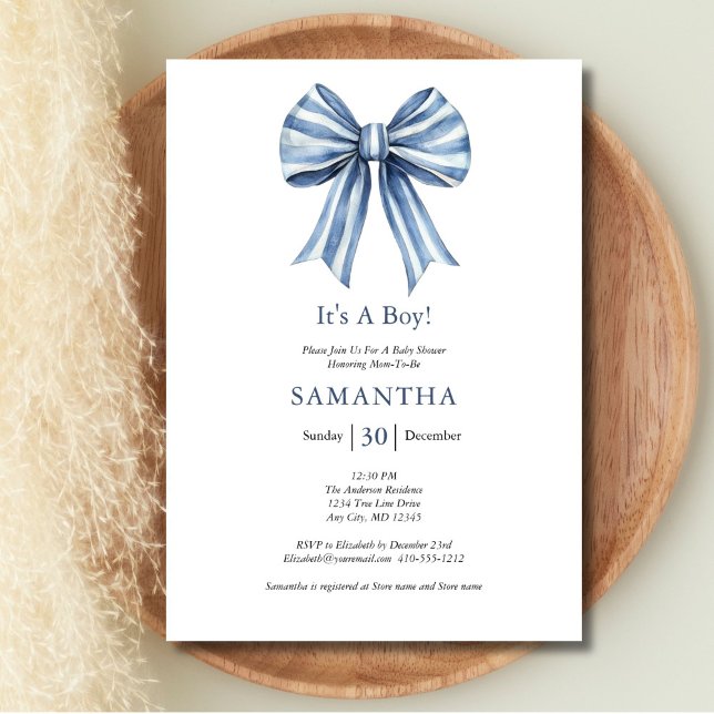 Convites Chá de Bebê Menino Arco Azul Moderno e Tendência (Blue Bow Boy Baby shower invitation. Printed or Instant digital download)