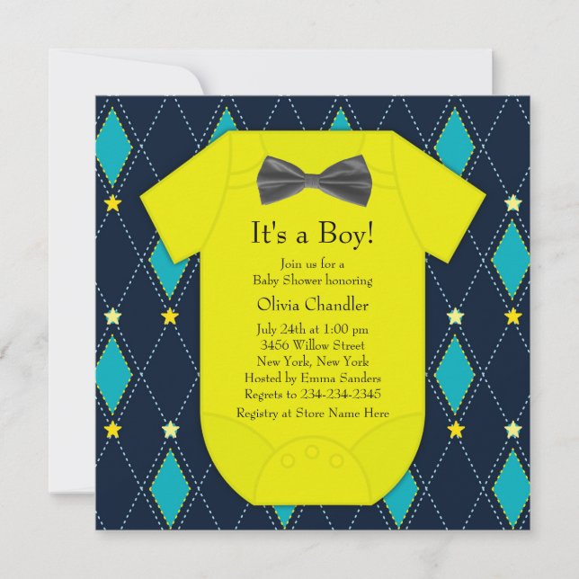 Convites Chá de Bebê Menino Argyle Azul Amarelo (Frente)