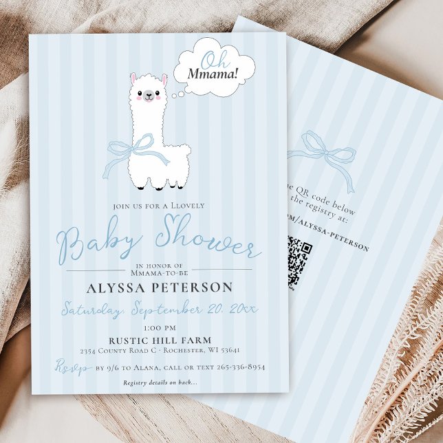 Convites Chá de Bebê Menino Azul Fofo Oh Mamãe Lhama Divert (Cute Oh Mmama Llama funny farm animal blue bow stripes baby boy QR code modern shower invitation )