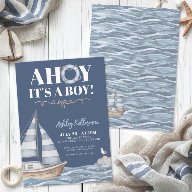 Convites Chá de Bebê Menino Azul Náutico (Nautical Blue Boy Baby Shower Invitation)