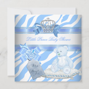 Convites Chá de Bebê Menino Azul Zebra Príncipe Coroa Urso 