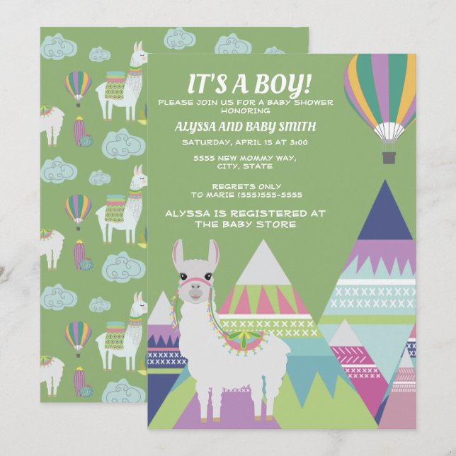 Convites Chá de Bebê Menino Balão Alpaca Verde (Frente/Verso)