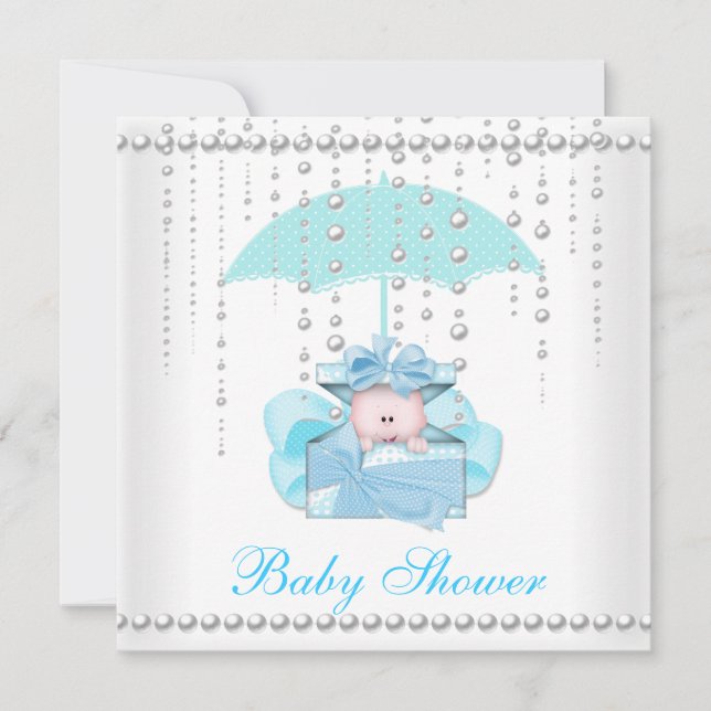 Convites Chá de Bebê Menino Bebê Azul Guarda-Chuva Pérola B (Frente)