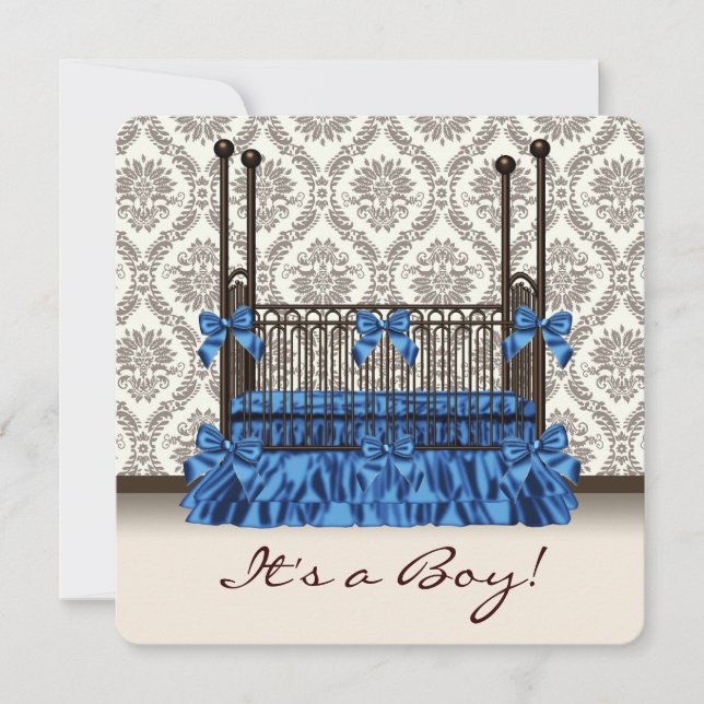 Convites Chá de Bebê Menino Berço Azul Marrom Damask (Frente)