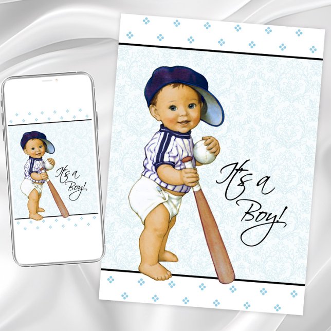 Convites Chá de Bebê Menino Blue Damask (Sweet baseball baby shower invitation with adorable baby boy with baseball hat, bat and ball.)