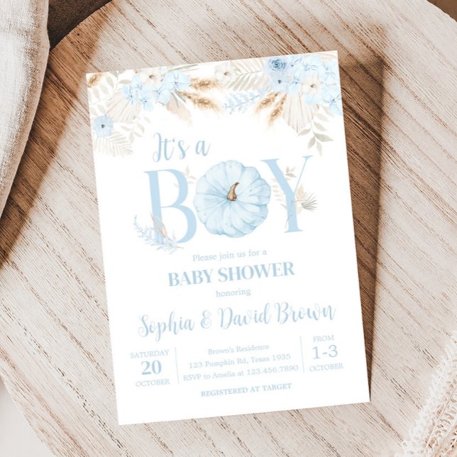 Convites Chá de Bebê Menino Boho Abóbora (Blue It's a Boy Boho Pumpkin Baby Shower Invitation)