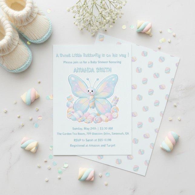 Convites Chá de Bebê Menino Borboleta Algodão Doce Azul (Blue Strawberry Butterfly Girl Baby Shower Invitation)