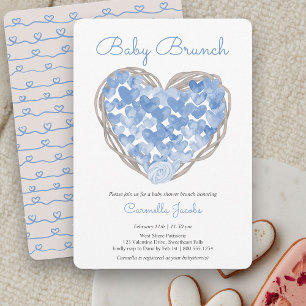Convites Chá de Bebê Menino Brunch Azul Corações Rústico