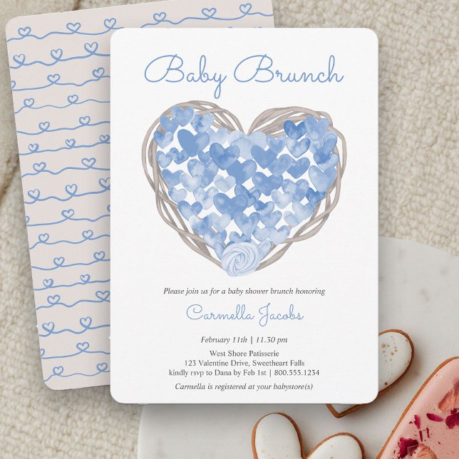 Convites Chá de Bebê Menino Brunch Azul Corações Rústico (Baby Brunch Rustic Blue Heart Baby Shower Invitation)