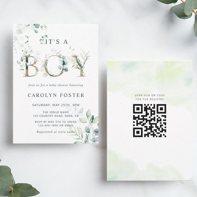 Convites Chá de Bebê Menino Código QR Eucalyptus Gold Lette (Front & Back)