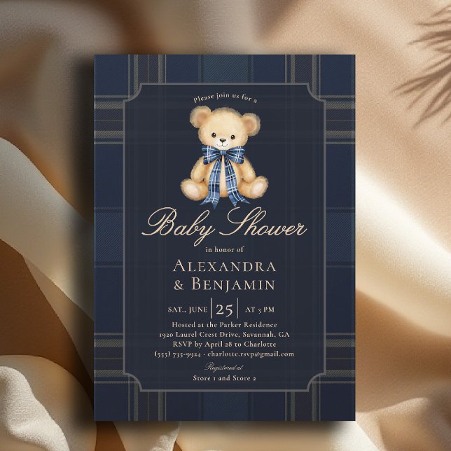 Convites Chá de Bebê Menino Coed Teddy de Xadrez Elegante A (preppy baby shower invitation teddy bear blue plaid bow elegant country club modern classic coed)