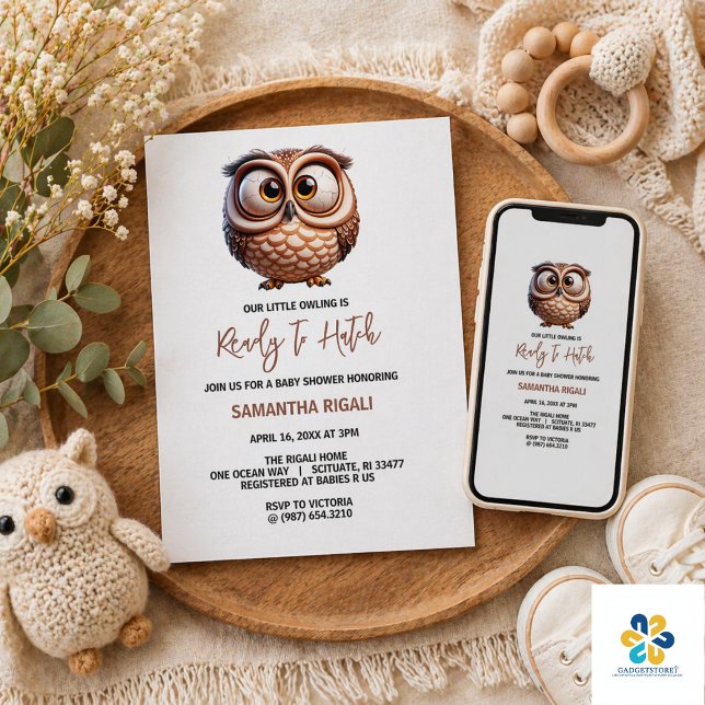 Convites Chá de Bebê Menino com Caricatura Fofa de Coruja (Cute Caricature Owl Baby Boy Shower Invitation)
