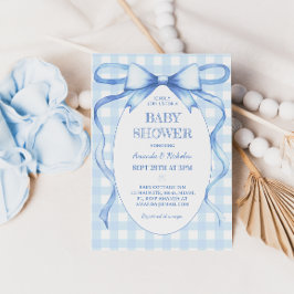 Convites Chá de Bebê Menino com Laço Azul e Gingham