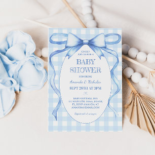 Convites Chá de Bebê Menino com Laço Azul e Gingham