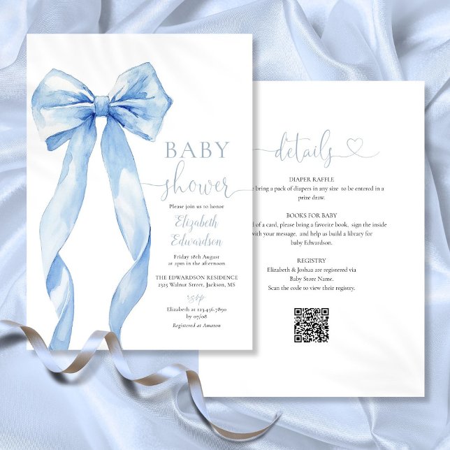 Convites Chá de Bebê Menino com Laço Azul Tudo em Um (Blue Bow Boy Baby Shower All In One Invitation)