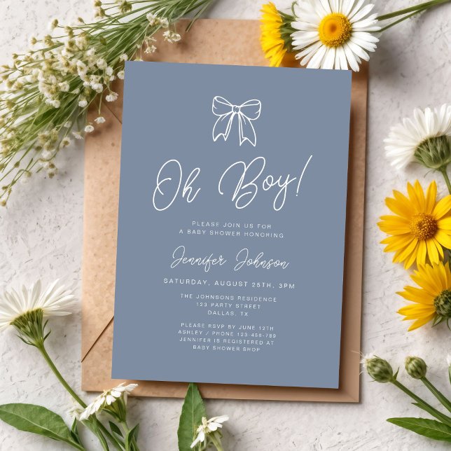 Convites Chá de Bebê Menino com Laço Coquete Azul Empoeirad (Dusty Blue Coquette Bow Boy Baby Shower Invitation)