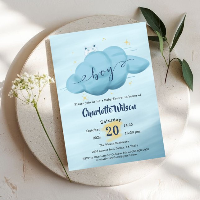 Convites Chá de Bebê Menino com Nuvem de Aquarela Fofa (Criador carregado)