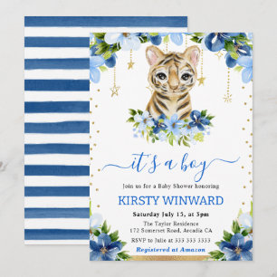 Convites Chá de Bebê Menino com Tigre Floral em Aquarela