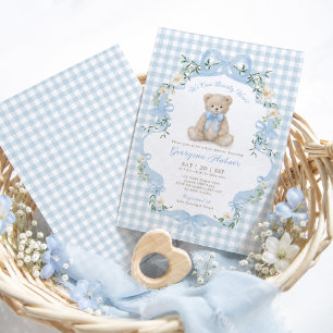 Convites Chá de Bebê Menino com Urso de Xadrez Azul Teddy