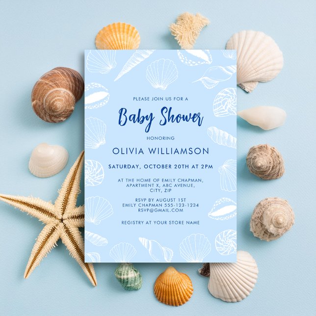 Convites Chá de Bebê Menino Conchas do Mar Oceano Praia (Baby blue seashell baby shower invitation for beach ocean nautical theme mom to be celebrations)