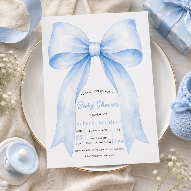 Convites Chá de Bebê Menino Coquete Laço Azul (Blue Bow Coquette Boy Baby Shower Invitation)