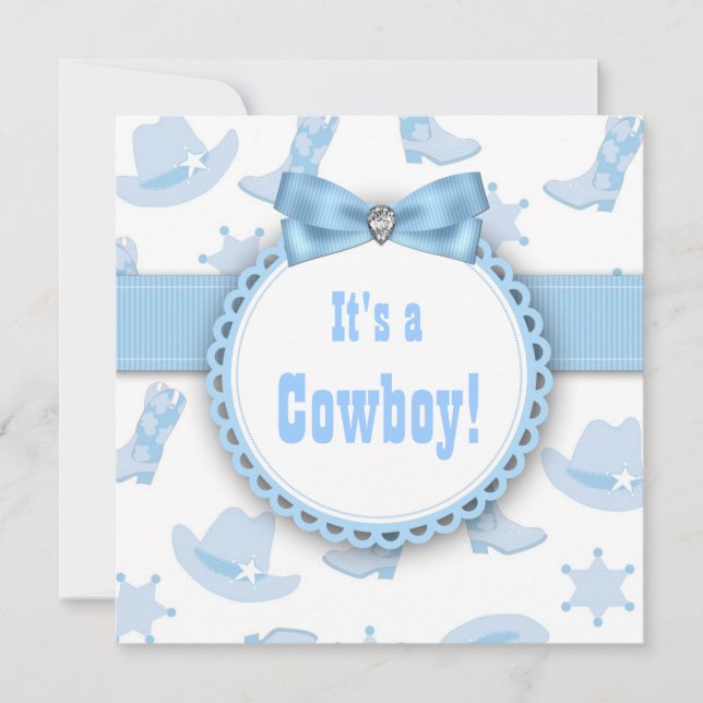 Convites Chá de Bebê Menino Cowboy Azul (Frente)