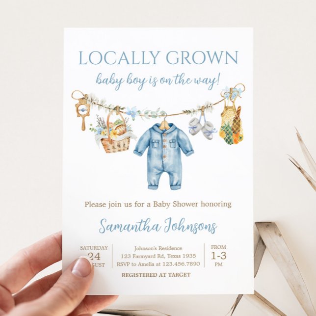 Convites Chá de Bebê Menino Cultivado Localmente (Blue Locally Grown Baby Shower Invitation)