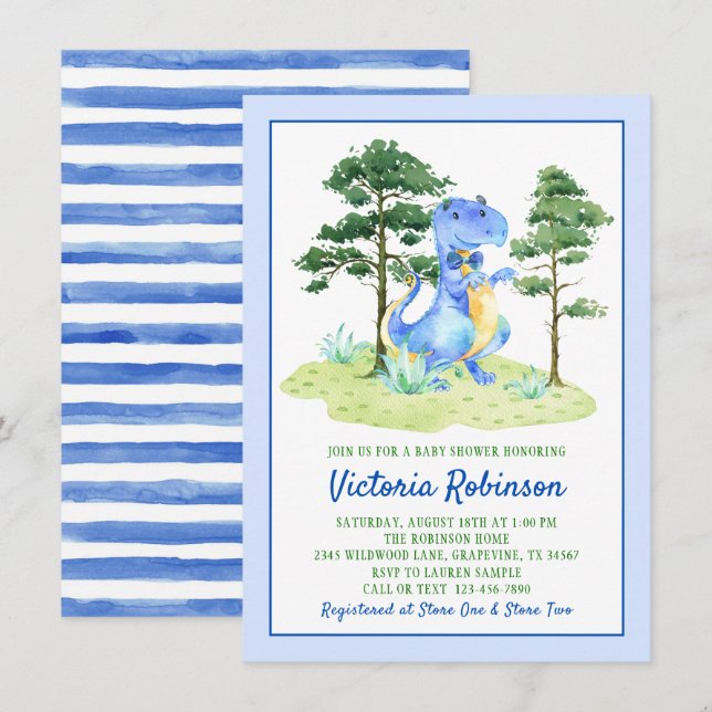 Convites Chá de Bebê Menino Dinossauro Aquarela (Frente/Verso)