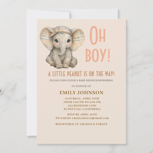 Convites Chá de Bebê Menino Elefante Safari Boho Amendoim B (Frente)