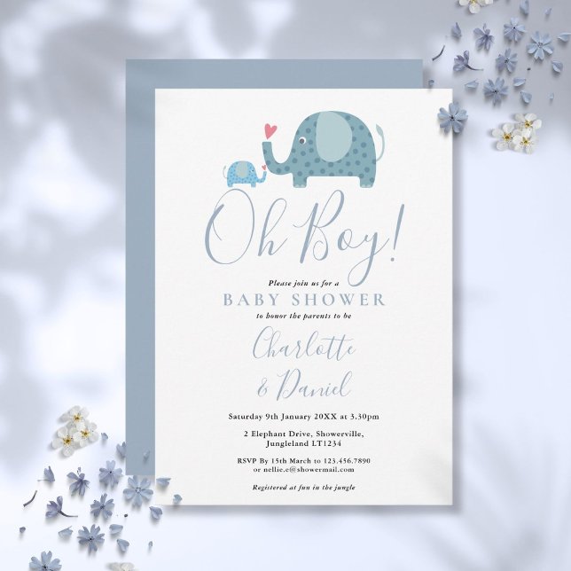 Convites Chá de Bebê Menino Elefantes Fofos (Oh Boy Cute Elephants Baby Shower Invitation)