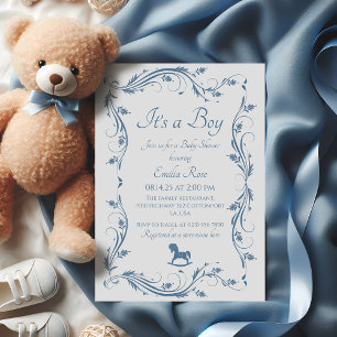 Convites Chá de Bebê Menino Floral Azul Delicado Vintage