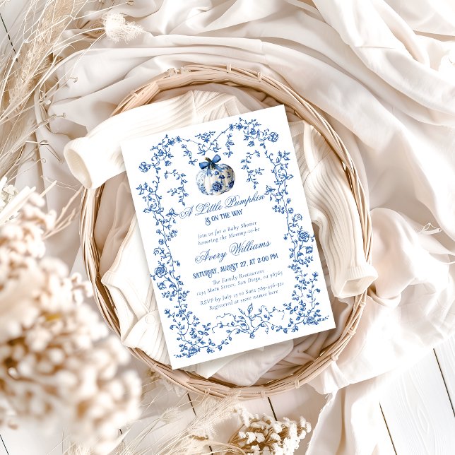 Convites Chá de Bebê Menino Floral Outono Abóbora Azul Desb (Criador carregado)