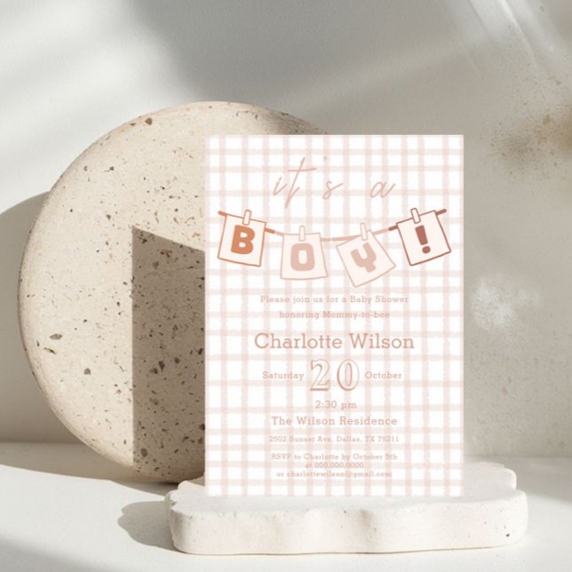 Convites Chá de Bebê Menino Fofo Xadrez Marrom Notedry (Criador carregado)