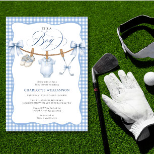 Convites Chá de Bebê Menino Golfe Azul Xadrez