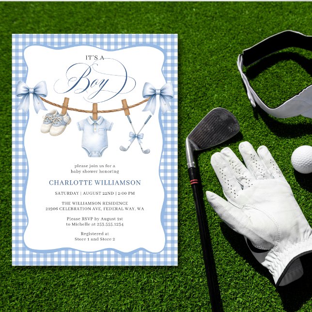 Convites Chá de Bebê Menino Golfe Azul Xadrez (Golf Blue Gingham Clothesline Baby Boy Shower Invitation)
