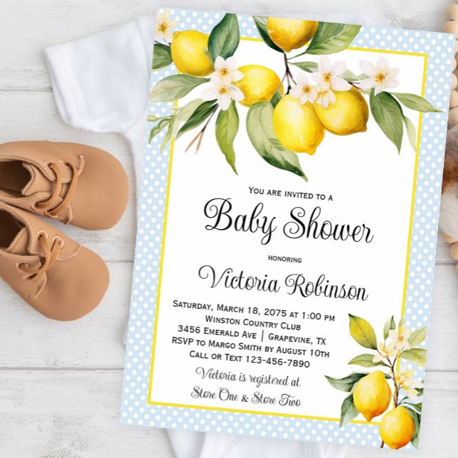 Convites Chá de Bebê Menino Limão (Sweet baby blue lemon baby shower invitation. Instant download and printed invitations available.)