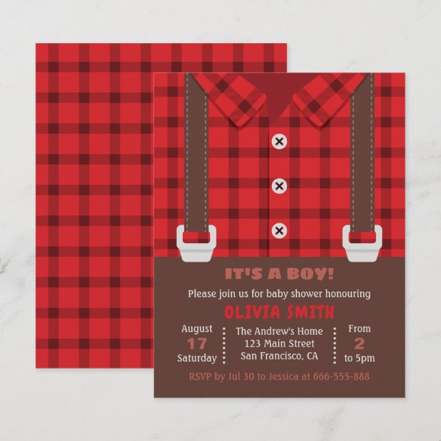 Convites Chá de Bebê Menino Lumberjack Plaid Vermelho (Frente/Verso)