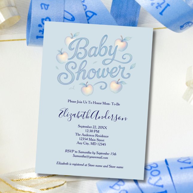 Convites Chá de Bebê Menino Maçãs Azuis (Blue Baby Boy Apple theme Baby Shower Invitation. Printed or Digital Download)