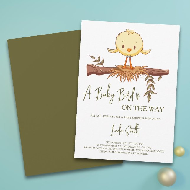 Convites Chá de Bebê Menino Ninho de Pássaro Moderno (Modern A Baby Bird is on the Way Boy Baby Shower Invitation by Kinda Cute by Patricia Alvarez)