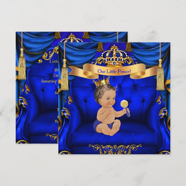 Convites Chá de Bebê Menino Príncipe Azul Real Dourado More (Frente/Verso)