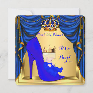 Convites Chá de Bebê Menino Príncipe Azul Royal Sapato Dour