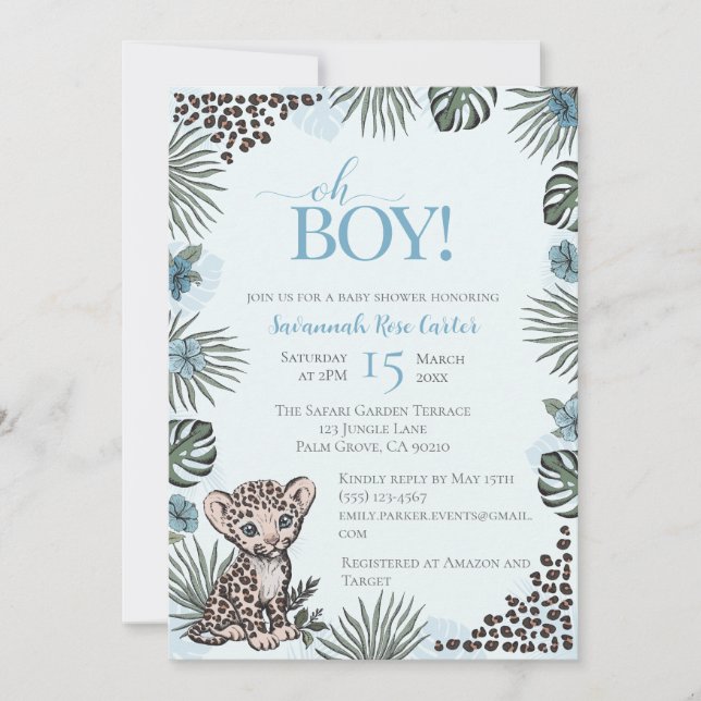 Convites Chá de Bebê Menino Safari Leopardo Fofo (Frente)