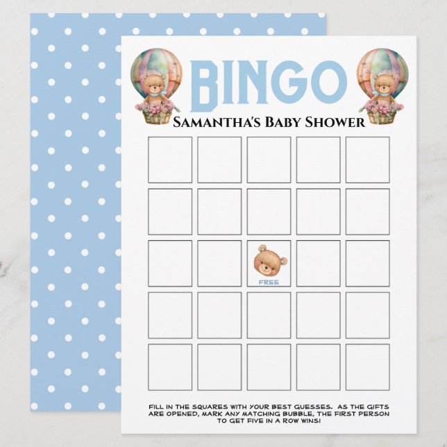Convites Chá de Bebê Menino Teddy Balão Azul Bingo (Frente/Verso)