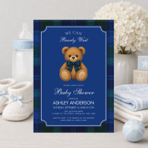 Chá de Bebê Menino Teddy Bear Preppy Xadrez Azul