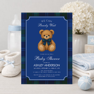Convites Chá de Bebê Menino Teddy Bear Preppy Xadrez Azul